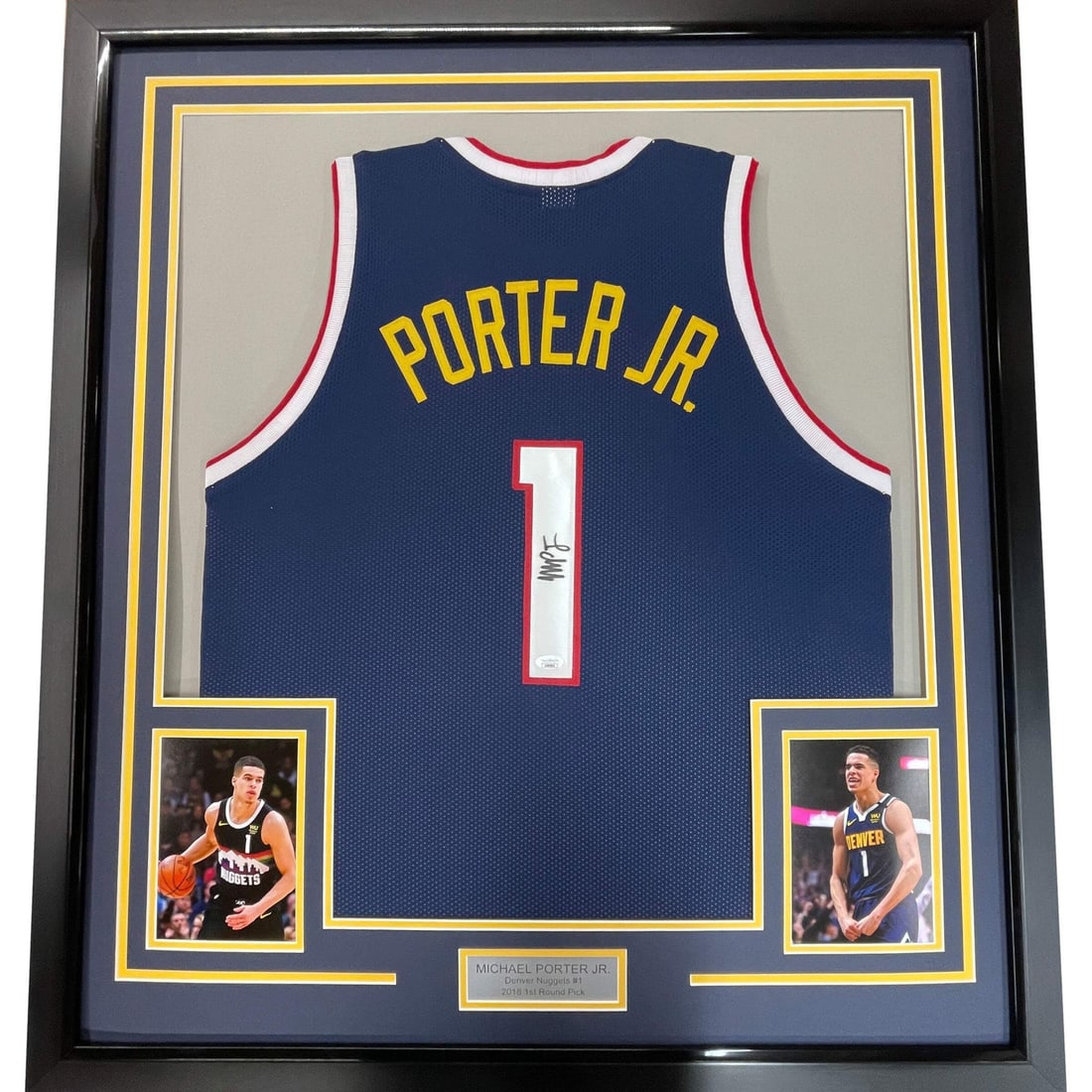 Framed Michael Porter Jr. Autographed Denver Nuggets Jersey with PSA COA: Framed Michael Porter Jr. Autographed Denver Nuggets Jersey with PSA COA Display your love for basketball and the Denver Nuggets with this professionally framed autographed Michael Porter Jr. jersey.