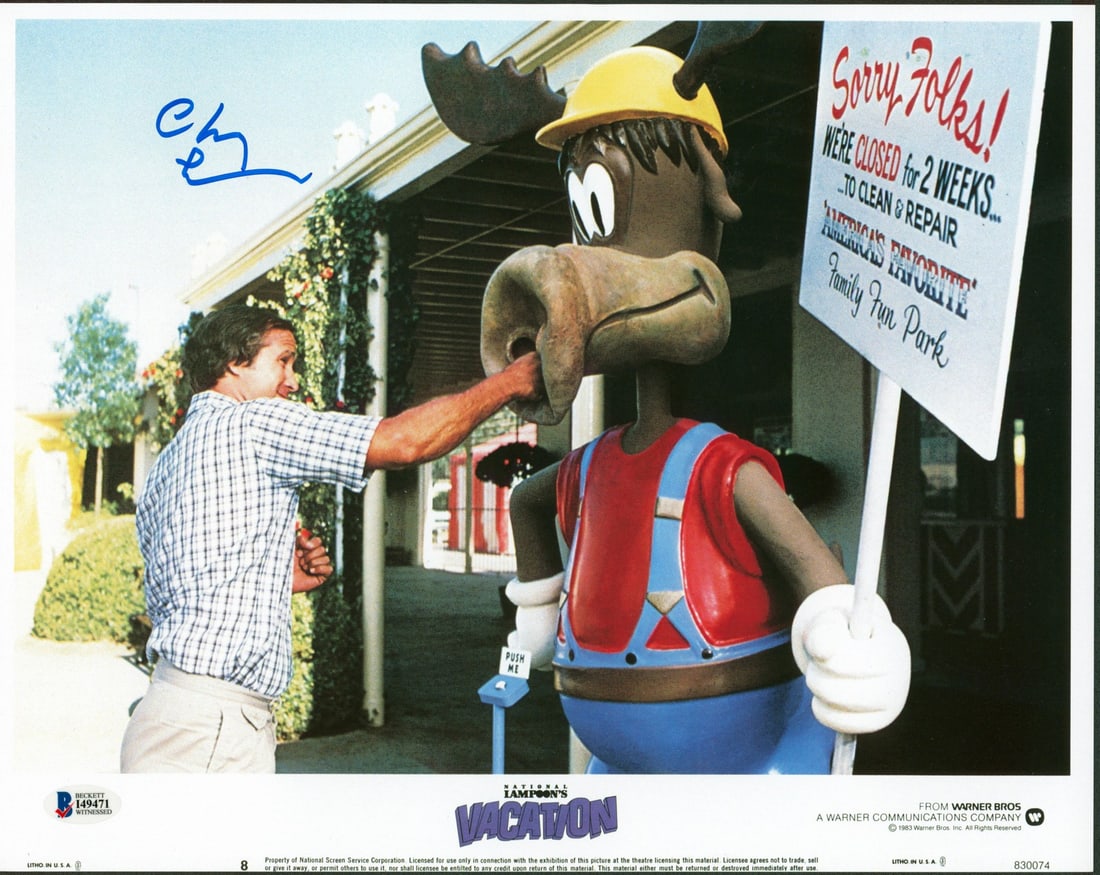 Chevy Chase Signed 11x14 National Lampoon's Vacation Photo BAS I49471: Chevy Chase Signed 11x14 National Lampoon's Vacation Photo BAS I49471 This original 11x14 lobby card photo features the autograph of Chevy Chase, renowned for his role in National Lampoon's Vacation.