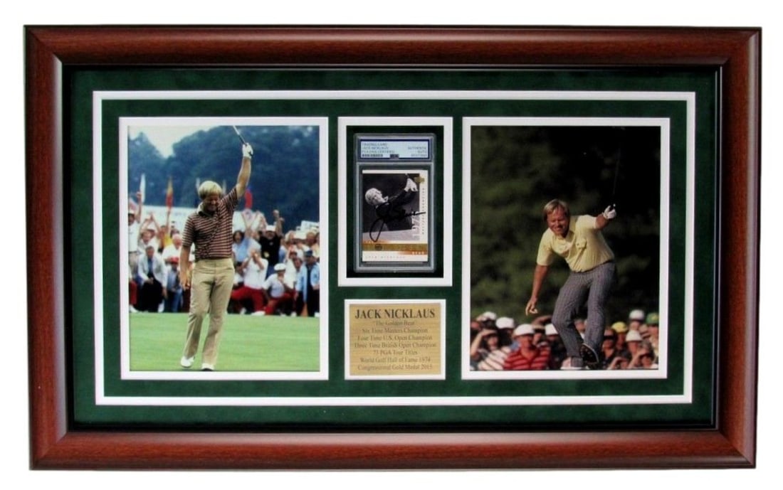 Framed Jack Nicklaus Autographed Trading Card and Photo Display PSA DNA Authenticated (1 of 3)
