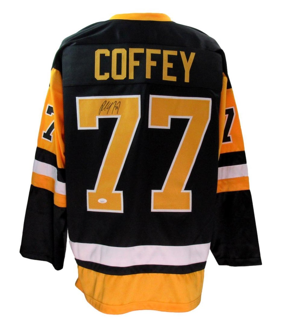 Paul Coffey Signed Black Hockey Jersey Pittsburgh Penguins JSA Authenticated: Paul Coffey Signed Black Hockey Jersey Pittsburgh Penguins JSA Authenticated This is a Paul Coffey autographed custom black hockey jersey from the Pittsburgh Penguins, size XL. The jersey is an origin