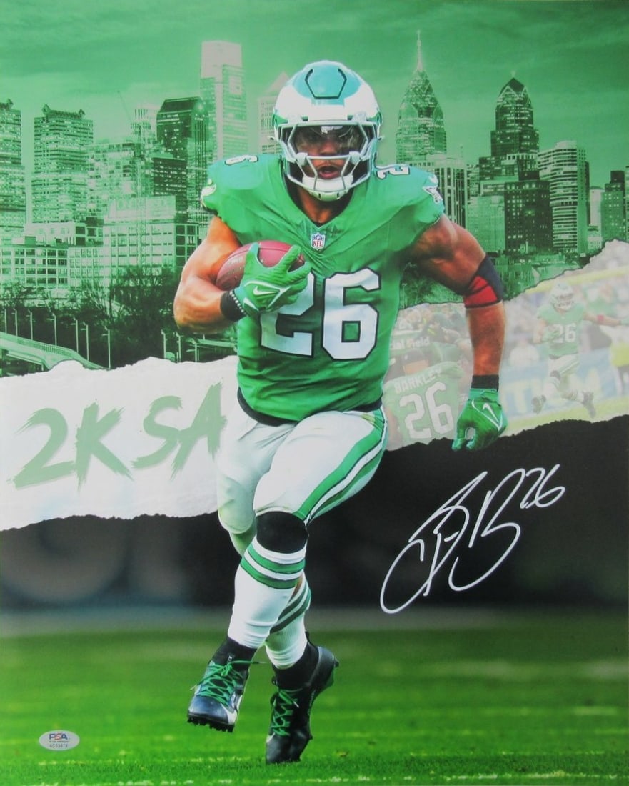 Saquon Barkley Autographed 16x20 Photo Philadelphia Eagles PSA/DNA Certified: Saquon Barkley Autographed 16x20 Photo Philadelphia Eagles PSA/DNA Certified This is an original autographed 16x20 photo of Saquon Barkley, showcasing his dynamic presence on the field as a member of