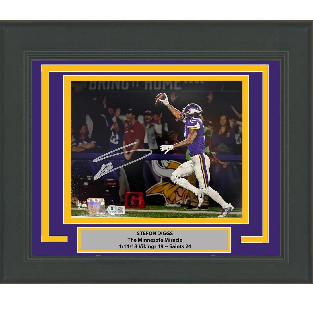 Framed Stefon Diggs Signed 16x20 Minneapolis Miracle Photo BAS COA: Framed Stefon Diggs Signed 16x20 Minneapolis Miracle Photo BAS COA Capture the excitement of the NFL with this professionally framed and matted 16x20 photo of Stefon Diggs celebrating the iconic "Minn