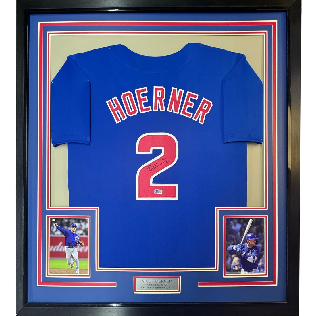 Framed Autographed Nico Hoerner Chicago Cubs Jersey with Beckett COA: Framed Autographed Nico Hoerner Chicago Cubs Jersey with Beckett COA Celebrate your love for baseball with this professionally framed and autographed Chicago Cubs jersey by Nico Hoerner. This stunning