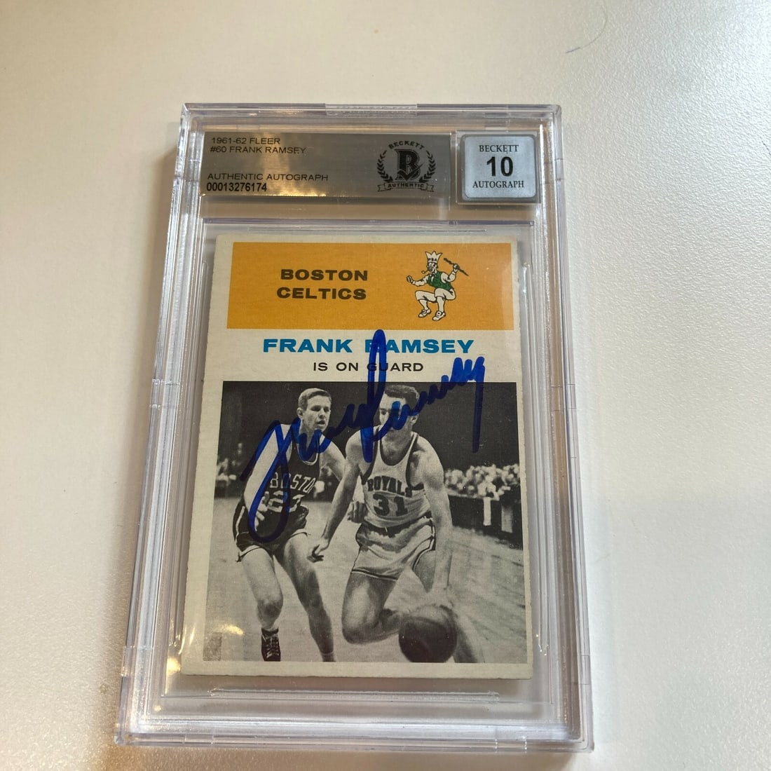 1961-62 Fleer Frank Ramsey Signed Card BGS GEM MINT 10: 1961-62 Fleer Frank Ramsey Signed Card BGS GEM MINT 10 This is a 1961-62 Fleer Frank Ramsey signed basketball card, featuring a pristine grade of BGS GEM MINT 10. This original sports trading card is
