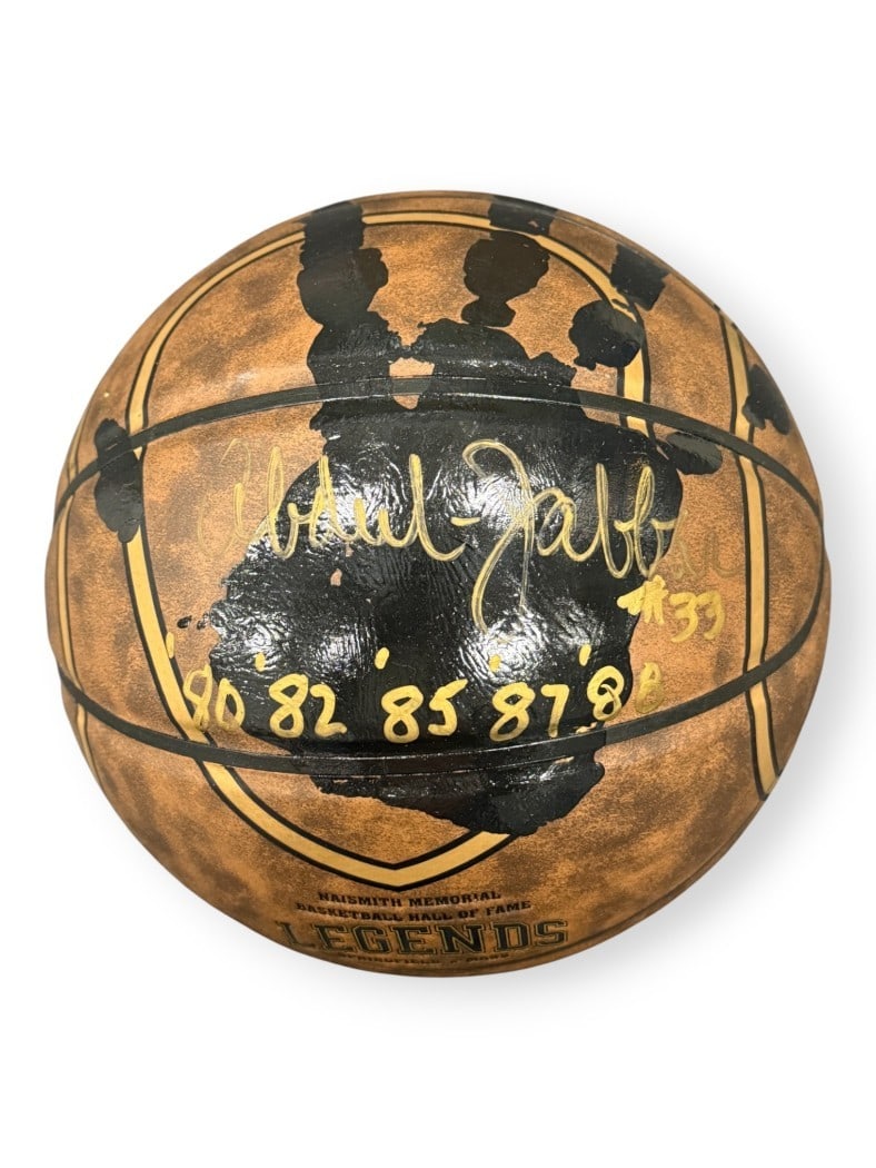 Autographed Kareem Abdul-Jabbar Basketball With Handprint and Championship Inscriptions PSA: Autographed Kareem Abdul-Jabbar Basketball With Handprint and Championship Inscriptions PSA This is an original basketball autographed by Kareem Abdul-Jabbar, featuring his actual hand print and inscr