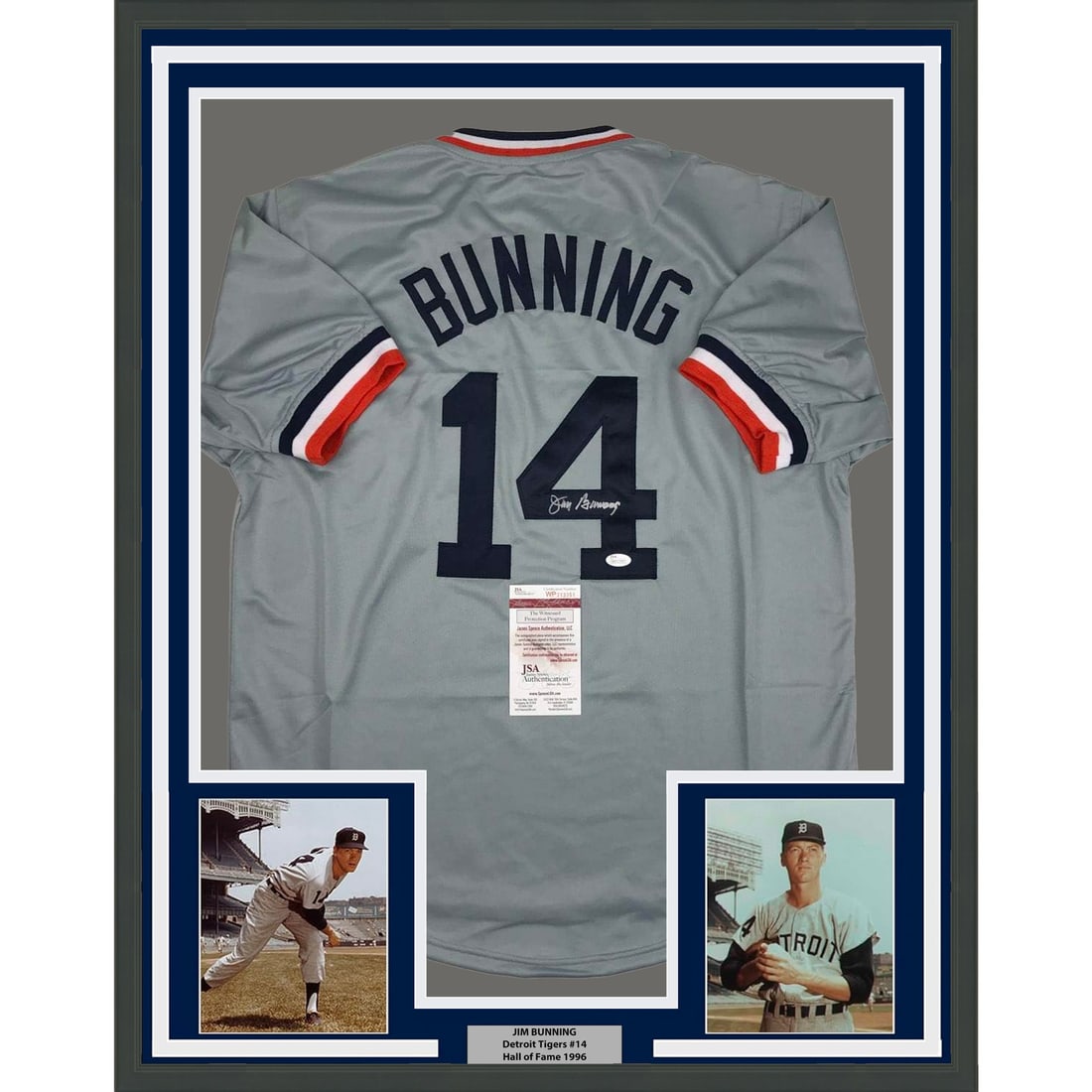 Framed Signed Jim Bunning Detroit Tigers Jersey with JSA COA 33x42: Framed Signed Jim Bunning Detroit Tigers Jersey with JSA COA 33x42 This professionally framed and matted item features an autographed jersey of legendary MLB player Jim Bunning, known for his outstand