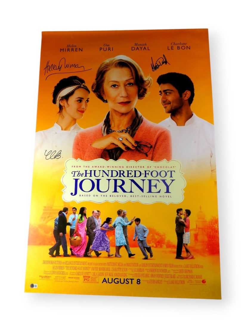 The Hundred Foot Journey Autographed 27x40 Poster Mirren Dayal Le Bon Beckett Authenticated: The Hundred Foot Journey Autographed 27x40 Poster Mirren Dayal Le Bon Beckett Authenticated This is an original 27" x 40" poster of 'The Hundred Foot Journey' featuring the authentic signatures of acc