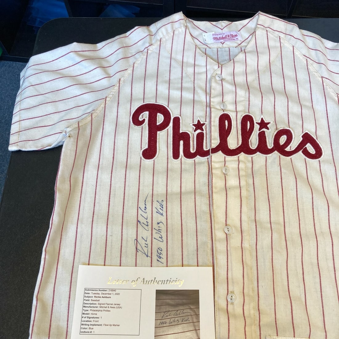 Richie Ashburn Signed 1950 Whiz Kids Phillies Jersey JSA COA (1 of 9)