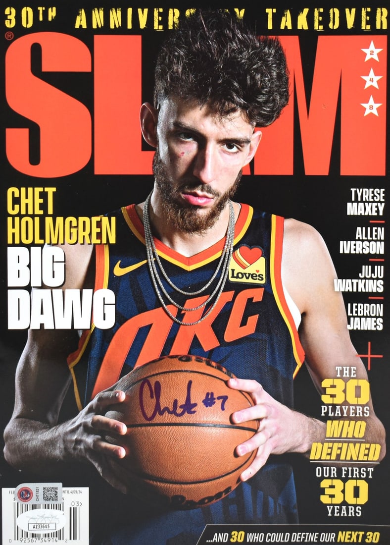 SLAM Magazine Signed by Chet Holmgren Oklahoma City Thunder JSA Blue: SLAM Magazine Signed by Chet Holmgren Oklahoma City Thunder JSA Blue This is an original SLAM Magazine photo autographed by Chet Holmgren of the Oklahoma City Thunder. The item is signed and represent