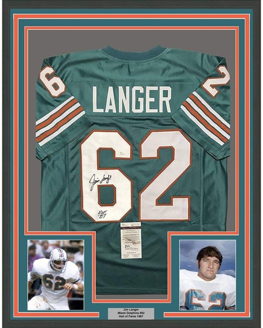 Framed Autographed Jim Langer HOF 87 Miami Dolphins Jersey JSA COA 33x42 (1 of 2)
