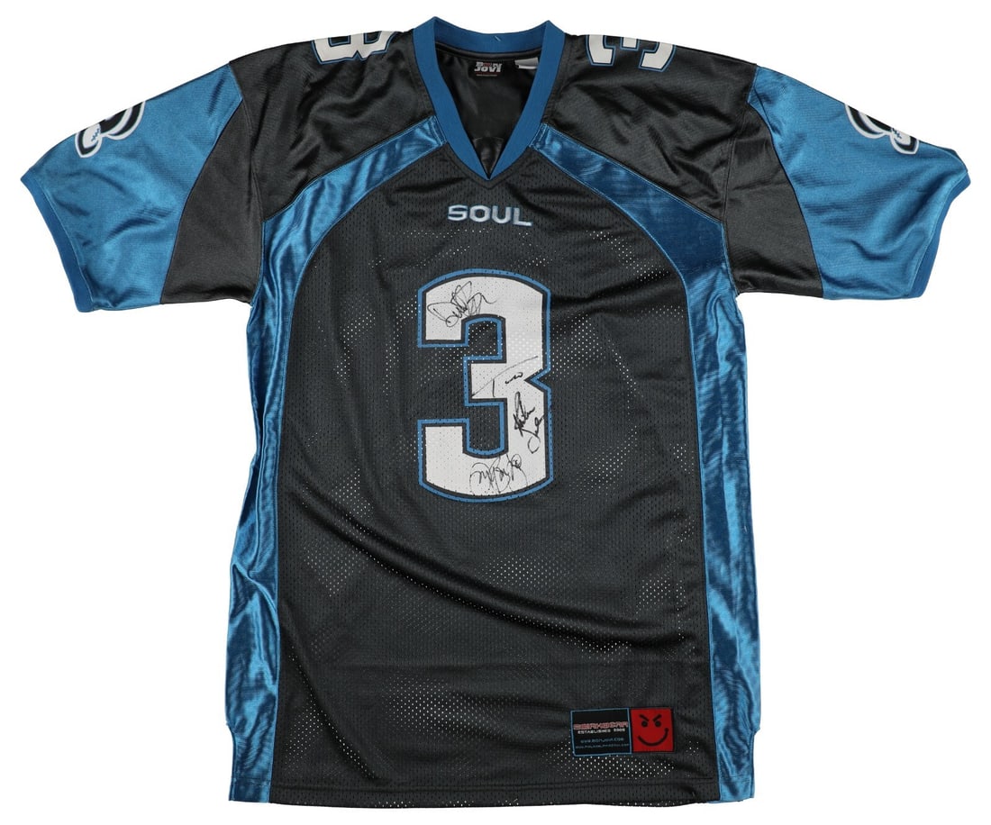 Bon Jovi Signed Philadelphia Soul Jersey with Beckett COA: Bon Jovi Signed Philadelphia Soul Jersey with Beckett COA This is a unique Philadelphia Soul arena football jersey signed by four prominent members of the American rock band Bon Jovi. Each signature i