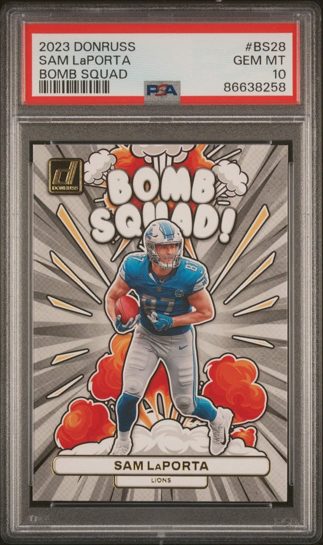 2023 Donruss Sam LaPorta #BS28 Bomb Squad Rookie Card PSA 10: 2023 Donruss Sam LaPorta #BS28 Bomb Squad Rookie Card PSA 10 This is a graded 2023 Donruss Sam LaPorta #BS28 Bomb Squad Rookie RC Football Card, rated PSA 10 for its exceptional condition. The card fe