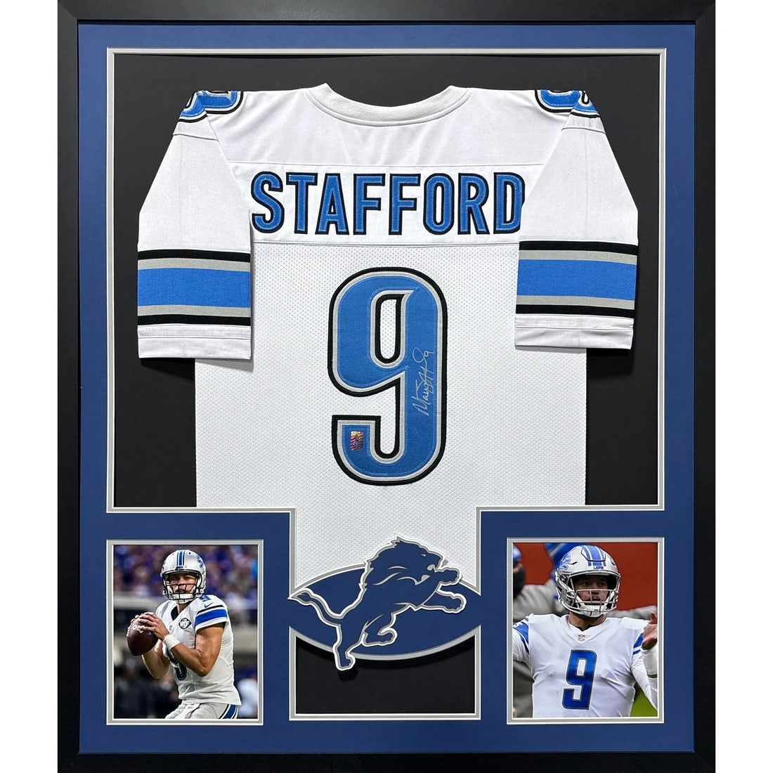Framed Detroit Lions Jersey Signed by Matt Stafford with GTSM Authentication: Framed Detroit Lions Jersey Signed by Matt Stafford with GTSM Authentication This framed Detroit Lions jersey is autographed by Matt Stafford and authenticated by GTSM. The display features detailed f
