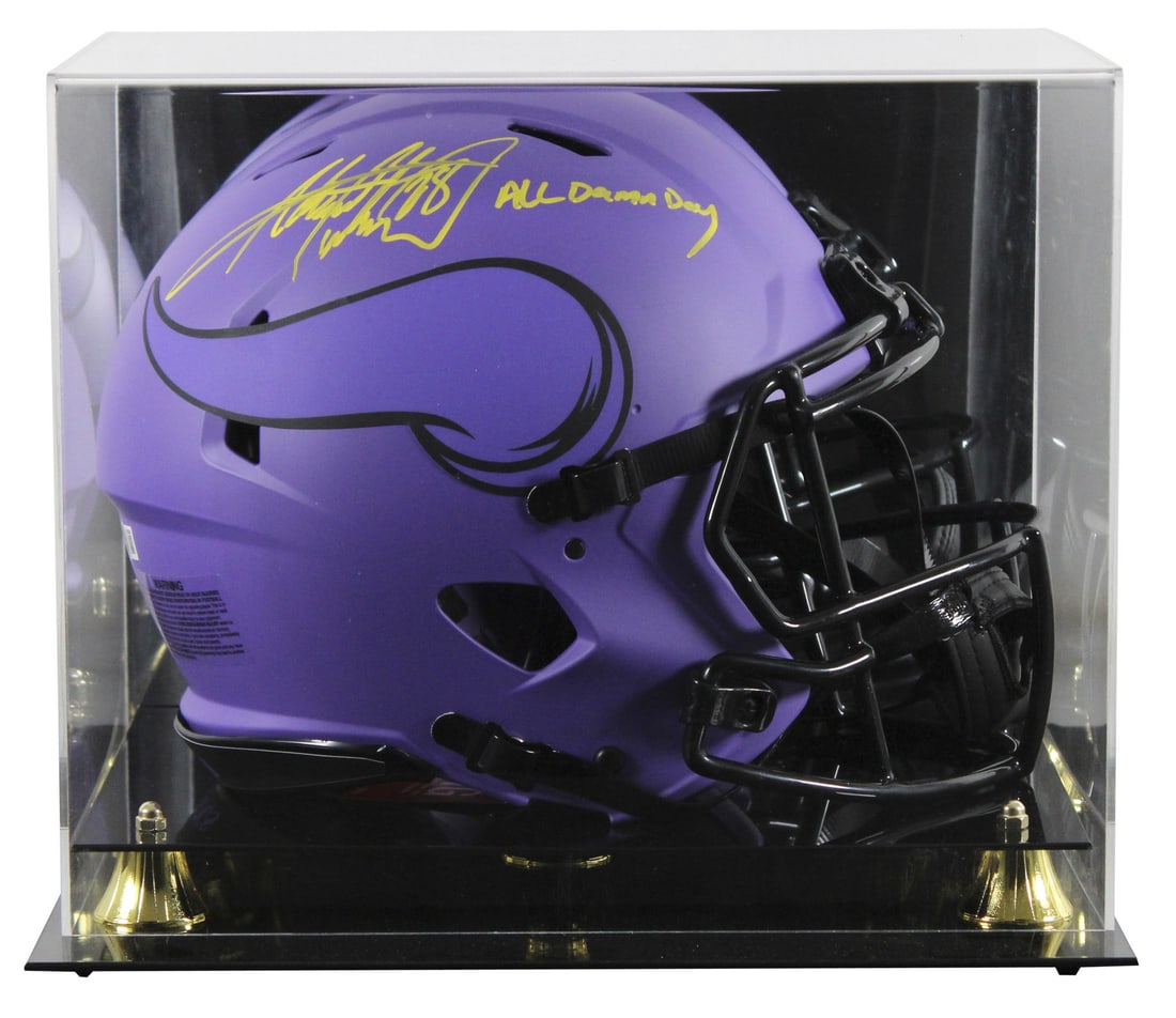 Adrian Peterson Signed Minnesota Vikings Helmet All Damn Day BAS Authenticated: Adrian Peterson Signed Minnesota Vikings Helmet All Damn Day BAS Authenticated This is an autographed full-size Riddell Speed Proline helmet personally signed by NFL star Adrian Peterson of the Minnes