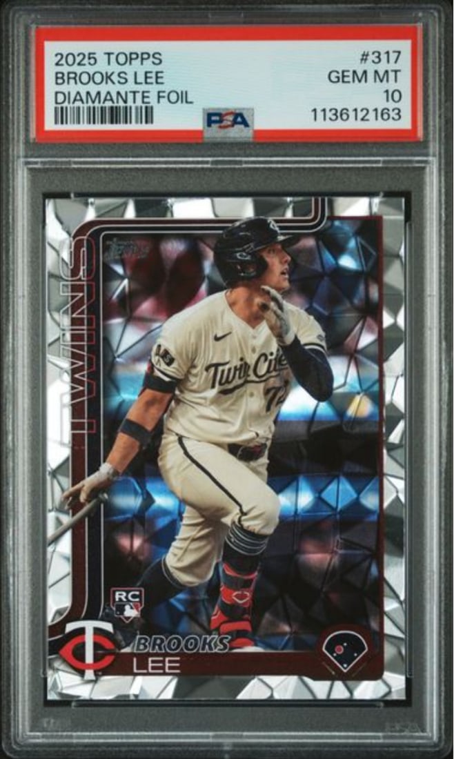 PSA 10 Gem Mint Brooks Lee 2025 Diamante Foil Rookie Baseball Card #317: PSA 10 Gem Mint Brooks Lee 2025 Diamante Foil Rookie Baseball Card #317 This is a 2025 Topps Brooks Lee #317 Diamante Foil Rookie RC card, featuring Brooks Lee of the Minnesota Twins. The card is grad