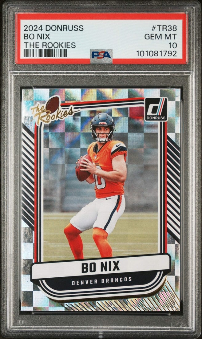 2024 Panini Donruss Bo Nix Rookie Card PSA 10 NFL Denver Broncos: 2024 Panini Donruss Bo Nix Rookie Card PSA 10 NFL Denver Broncos This is a graded 2024 Panini Donruss Bo Nix #TR38 The Rookies Rookie Football Card, rated PSA 10. The card features Bo Nix, an NFL play