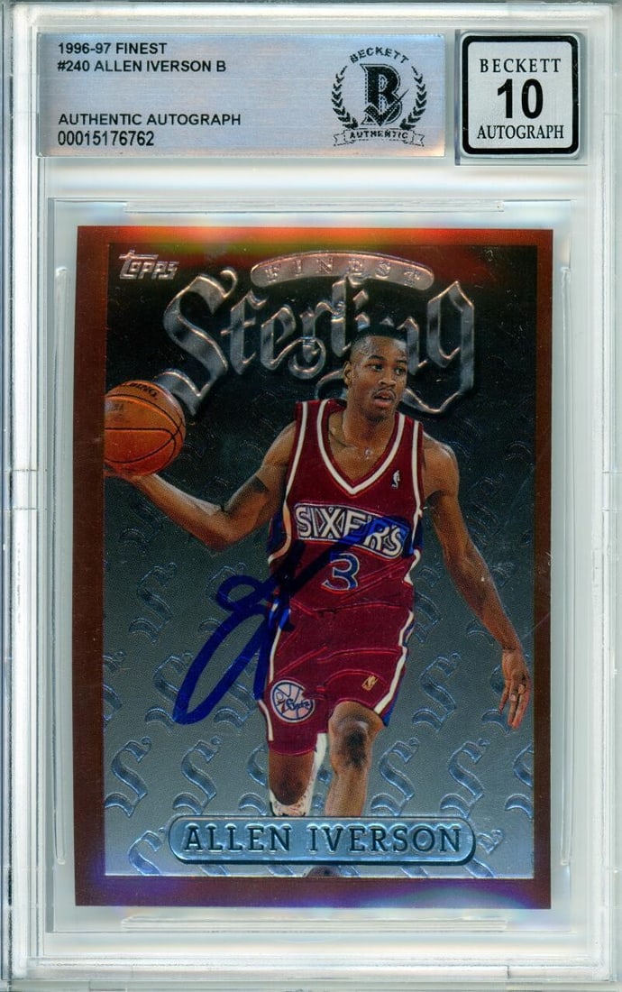 1996-97 Topps Finest Sterling Allen Iverson RC BGS Autograph 10: 1996-97 Topps Finest Sterling Allen Iverson RC BGS Autograph 10 This 1996-97 Topps Finest Sterling #240 trading card features a hand-signed autograph by basketball legend Allen Iverson, celebrating hi