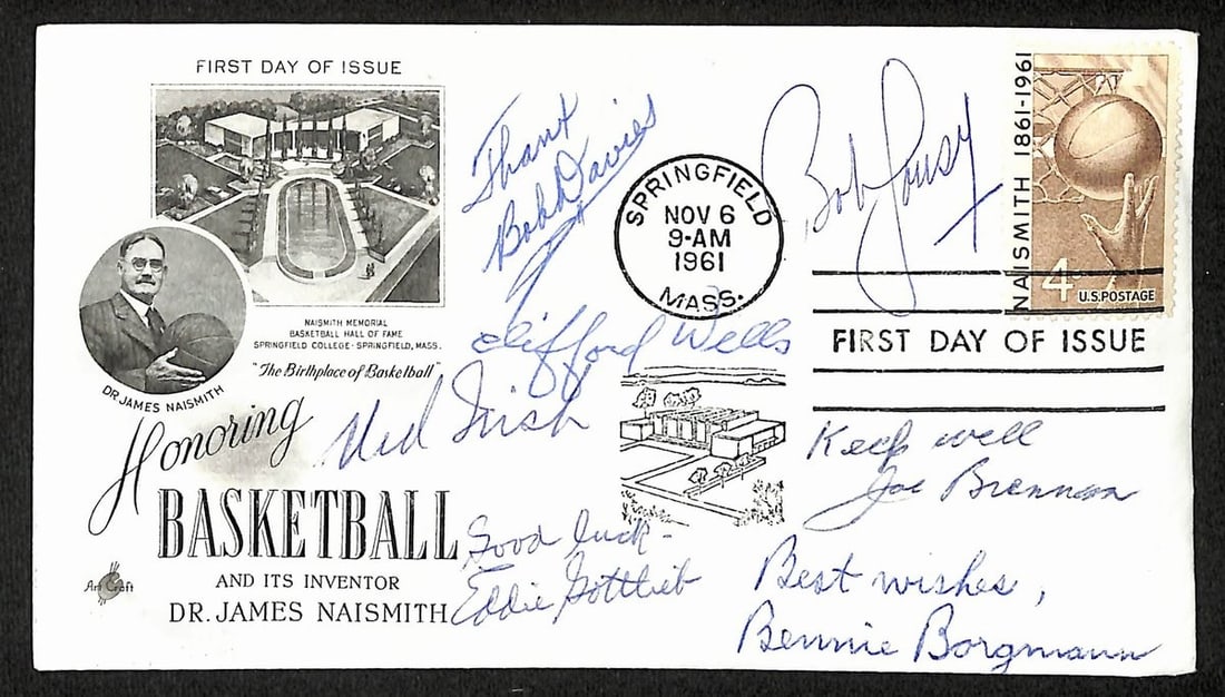 First Day Cover Envelope Signed by 7 Basketball Hall of Famers JSA Authenticated (1 of 2)