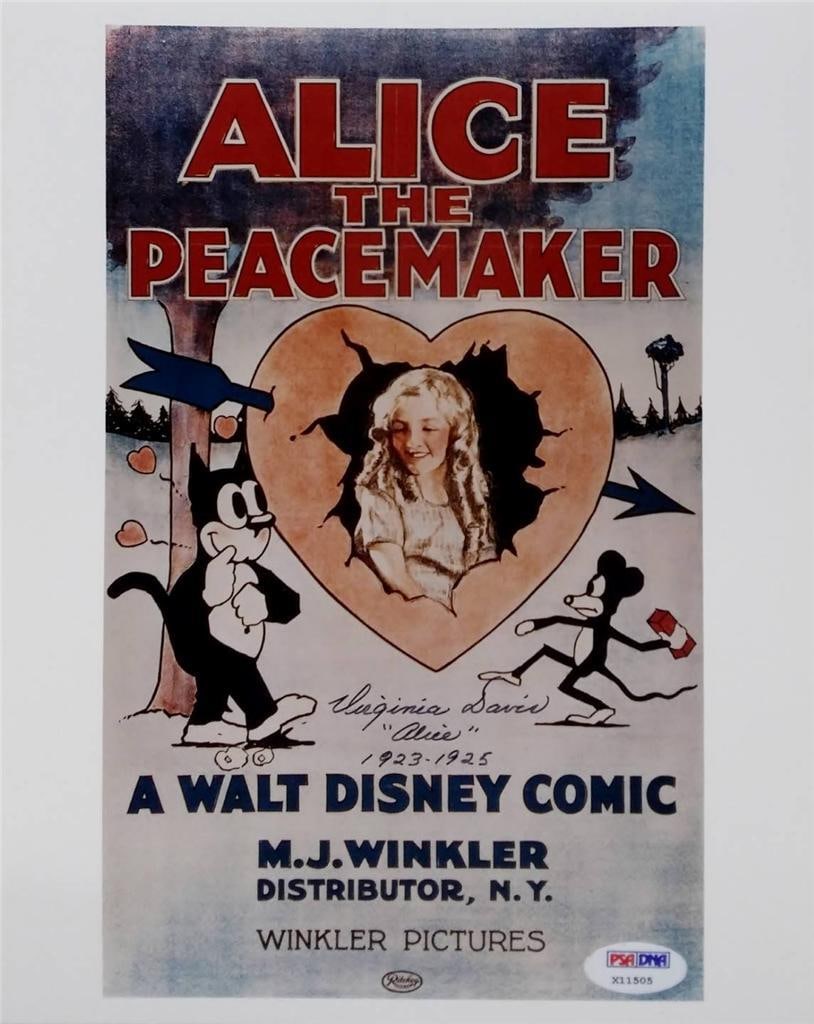 Virginia Davis Signed 8x10 Alice the Peacemaker Photo PSA/DNA Certified: Virginia Davis Signed 8x10 Alice the Peacemaker Photo PSA/DNA Certified This is an original 8x10 photograph of Virginia Davis as Alice from Disney's "Alice the Peacemaker." The photo features a certif