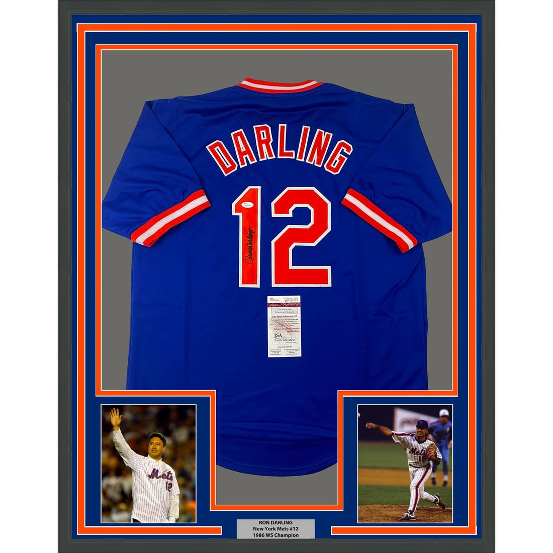Framed Ron Darling Autographed Jersey New York Mets JSA COA 33x42: Framed Ron Darling Autographed Jersey New York Mets JSA COA 33x42 This professionally framed and matted collectible features an autographed blue jersey of baseball legend Ron Darling, a former pitcher
