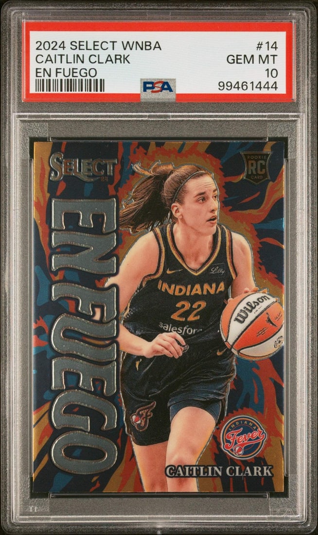 2024 Panini Select Caitlin Clark #14 En Fuego RC PSA 10 Basketball Card: 2024 Panini Select Caitlin Clark #14 En Fuego RC PSA 10 Basketball Card This is a graded 2024 Panini Select Caitlin Clark #14 En Fuego rookie card, certified with a grade of 10 by Professional Sports