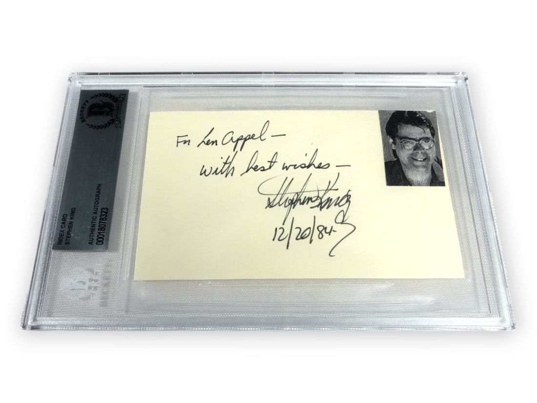Stephen King Autographed Index Card Cujo Shining Beckett Authenticated: Stephen King Autographed Index Card Cujo Shining Beckett Authenticated This is an original, autographed index card signed by Stephen King, the acclaimed author known for his works such as 'Cujo' and