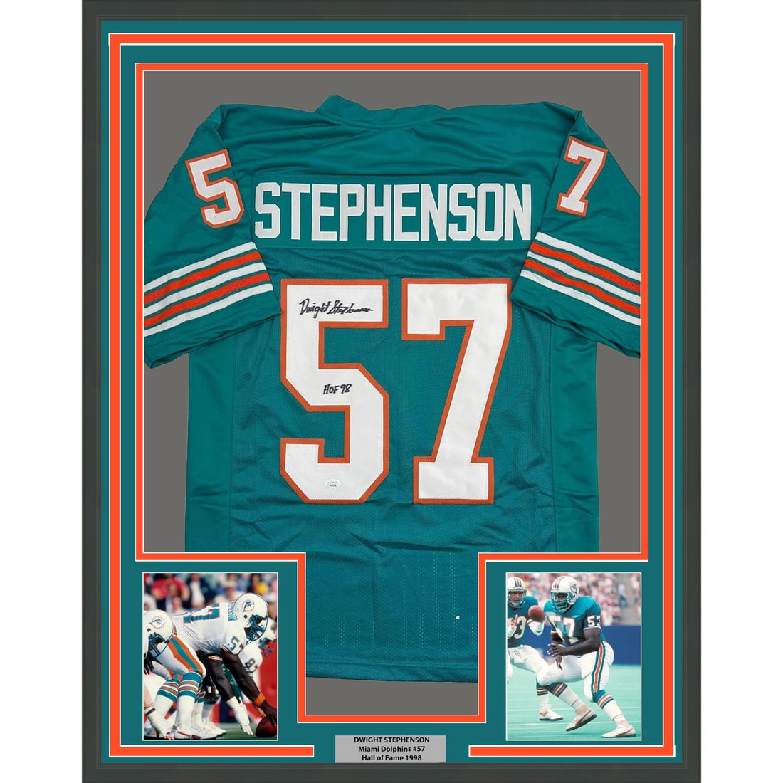 Dwight Stephenson Signed Miami Dolphins Teal Jersey Framed 35x39 JSA Authenticated (1 of 2)