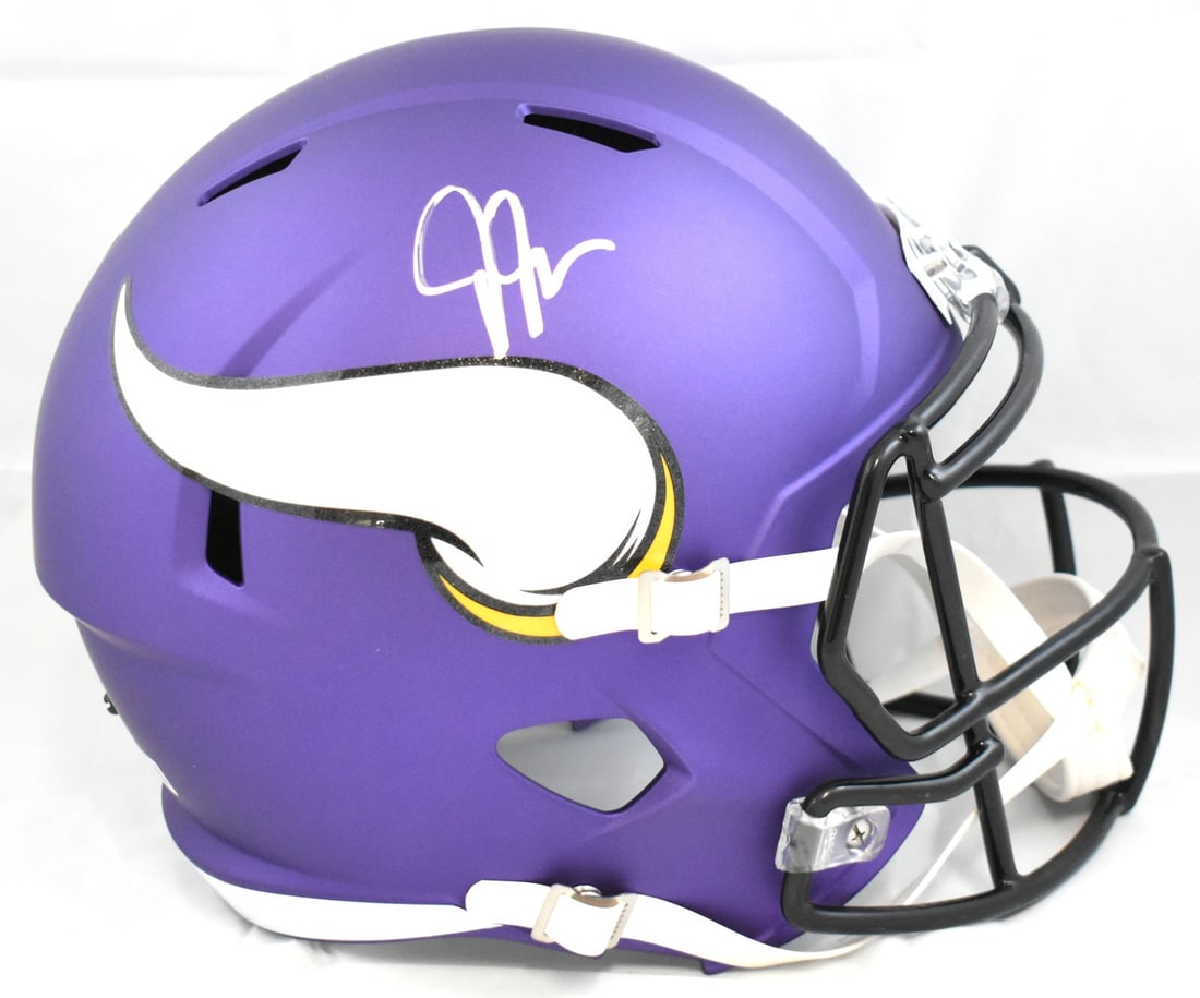 Justin Jefferson Signed Vikings Full Size Helmet with Beckett Hologram: Justin Jefferson Signed Vikings Full Size Helmet with Beckett Hologram This is an original Minnesota Vikings full-size speed helmet, autographed by star player Justin Jefferson. The helmet showcases t