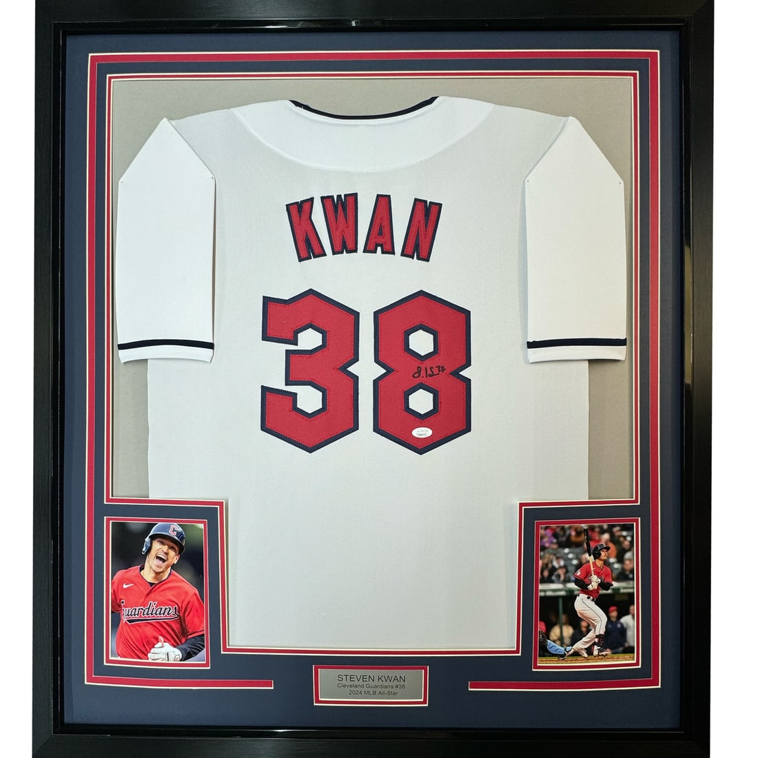 Framed Steven Kwan Autographed Jersey 35x39 Cleveland Guardians JSA COA: Framed Steven Kwan Autographed Jersey 35x39 Cleveland Guardians JSA COA This professionally framed and matted display features an autographed Steven Kwan Cleveland Guardians jersey. Measuring 35x39 in