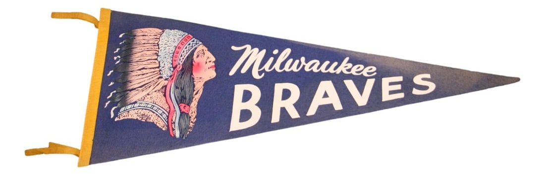 Milwaukee Braves Baseball 28 Inch 1950s Vintage Pennant: Milwaukee Braves Baseball 28 Inch 1950s Vintage Pennant This is a vintage 1950s Milwaukee Braves pennant, officially licensed by MLB. It is an original piece from the era, featuring the Milwaukee Brav