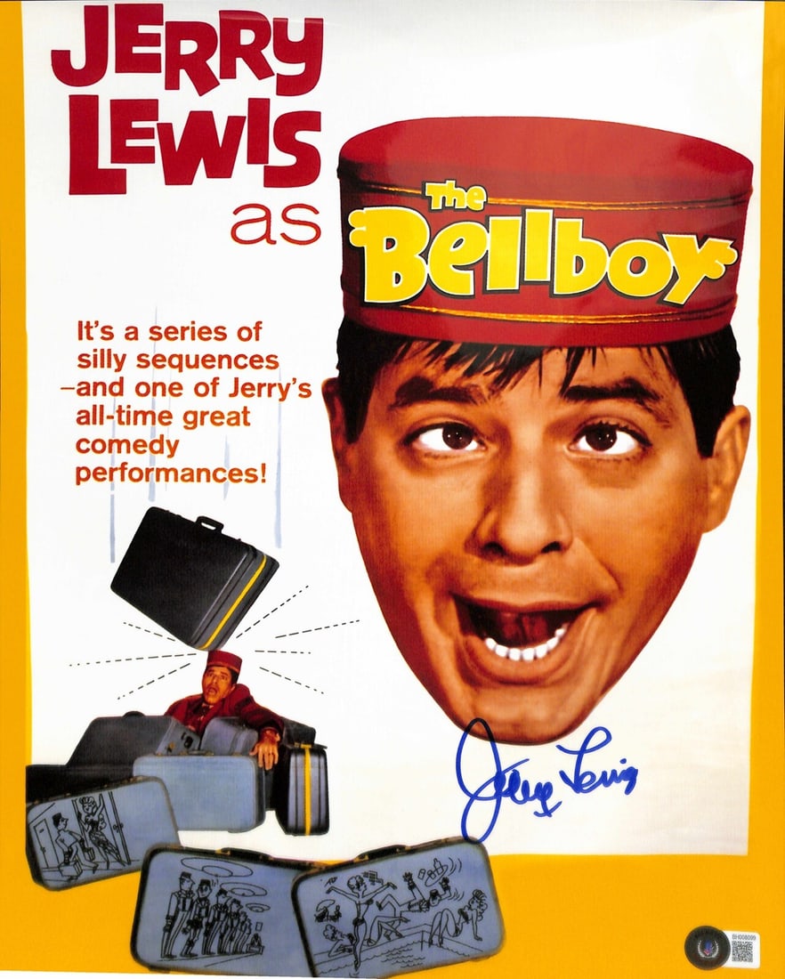 Jerry Lewis Signed 11x14 Photograph The Bellboy Beckett Certified: Jerry Lewis Signed 11x14 Photograph The Bellboy Beckett Certified This is an original 11x14 photograph of Jerry Lewis from 'The Bellboy', signed in blue permanent marker. The autograph has been authen
