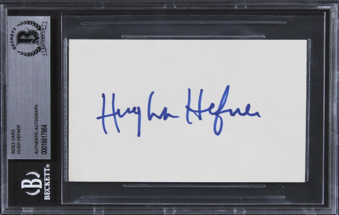 Hugh Hefner Signed Playboy 3x5 Index Card Authenticated by Beckett: Hugh Hefner Signed Playboy 3x5 Index Card Authenticated by Beckett This authentic 3x5 index card is personally signed by Hugh Hefner, the legendary founder of Playboy. It is slabbed and authenticated