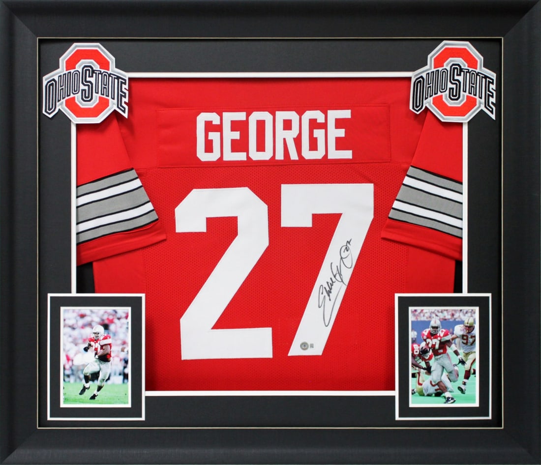 Eddie George Signed Ohio State Red Pro Style Framed Jersey BAS Witnessed: Eddie George Signed Ohio State Red Pro Style Framed Jersey BAS Witnessed This Ohio State Buckeyes jersey is a stunning red pro style piece, personally signed by football great Eddie George. It has bee