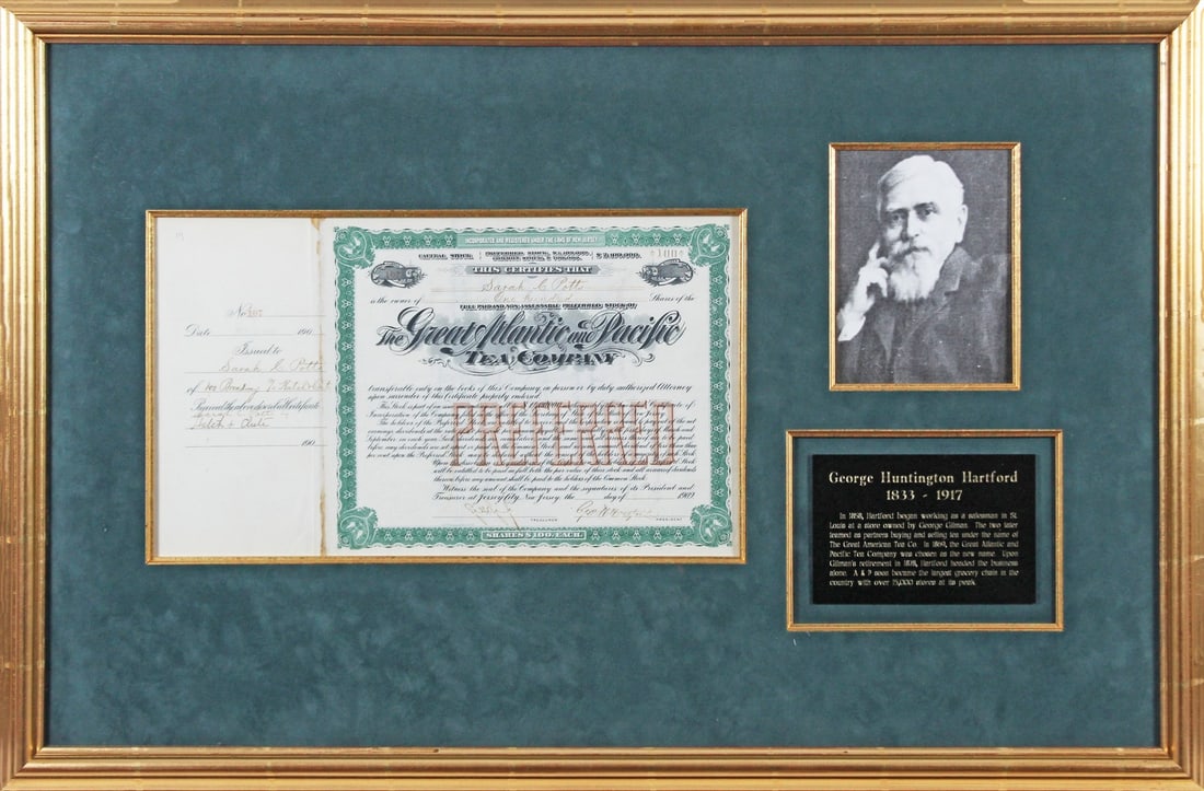 George Huntington Hartford Signed Framed Stock Certificate BAS Certified 9.5x16 (1 of 3)