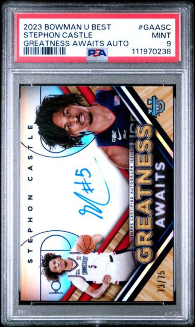 2023 Bowman U Best Stephon Castle Auto PSA 9 UConn Huskies: 2023 Bowman U Best Stephon Castle Auto PSA 9 UConn Huskies This is a graded 2023 Bowman U Best Greatness Awaits autographed trading card featuring athlete Stephon Castle from the UConn Huskies. The ca