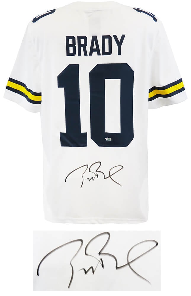 Tom Brady Signed Michigan Wolverines Nike Jordan Jersey with Fanatics LOA: Tom Brady Signed Michigan Wolverines Nike Jordan Jersey with Fanatics LOA Celebrate the legacy of Tom Brady with this signed Michigan Wolverines white Nike Jordan Brand football jersey. This original