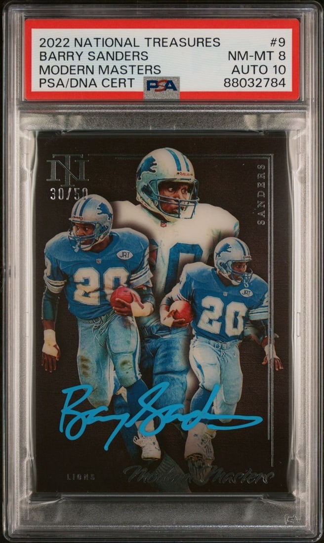 2022 Panini National Treasures Barry Sanders Signed PSA NM-MT 8 Card: 2022 Panini National Treasures Barry Sanders Signed PSA NM-MT 8 Card This 2022 National Treasures Modern Masters #9 sports trading card features a bold autograph from Barry Sanders, a legendary player