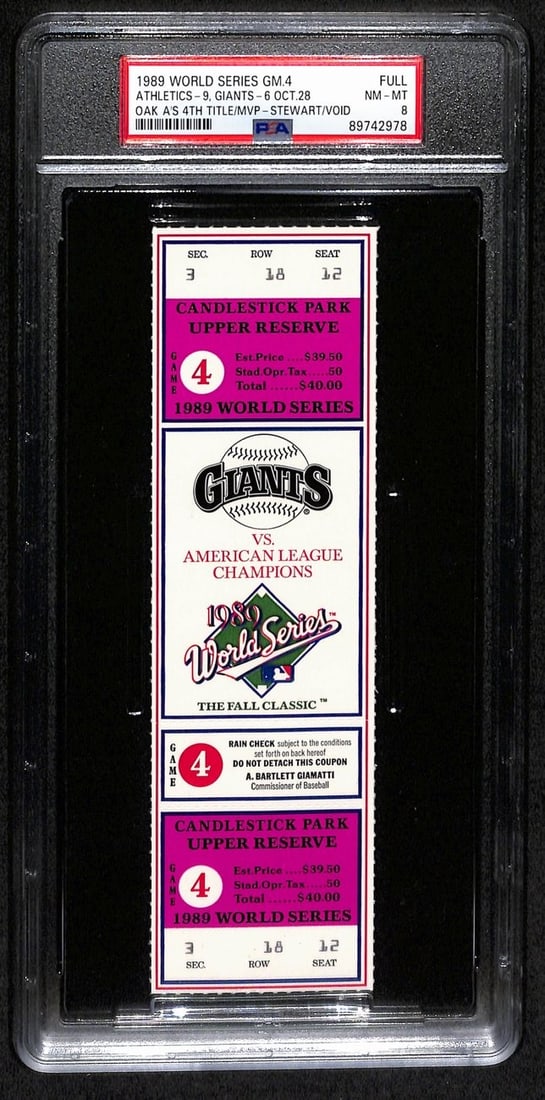 1989 World Series Game 4 Full Ticket A's vs Giants PSA/DNA NM-MT 8: 1989 World Series Game 4 Full Ticket A's vs Giants PSA/DNA NM-MT 8 This is an original full ticket from the 1989 World Series Game 4, featuring the Oakland A's versus the San Francisco Giants. The tic