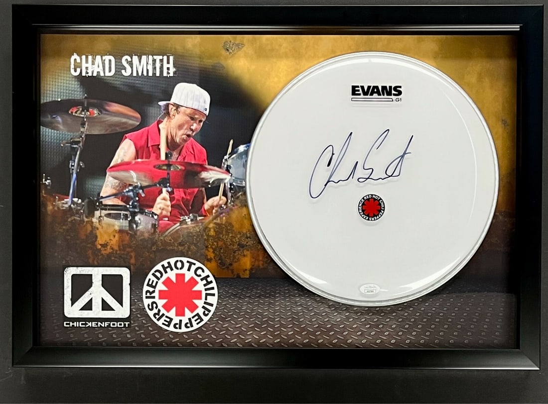 Chad Smith Signed Drumhead Custom Framed Display JSA Authenticated 25 x 17: Chad Smith Signed Drumhead Custom Framed Display JSA Authenticated 25 x 17 This is a custom framed display of a drumhead signed by Chad Smith, the drummer of the Red Hot Chili Peppers. The drumhead is