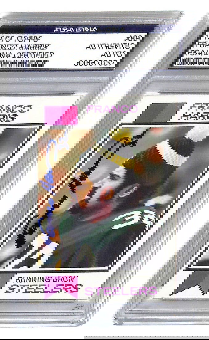 Franco Harris Signed 1973 Topps Rookie Card PSA Authenticated RC #89: Franco Harris Signed 1973 Topps Rookie Card PSA Authenticated RC #89 This is a 1973 Topps rookie card of Franco Harris, a legendary football player known for his time with the Pittsburgh Steelers. The