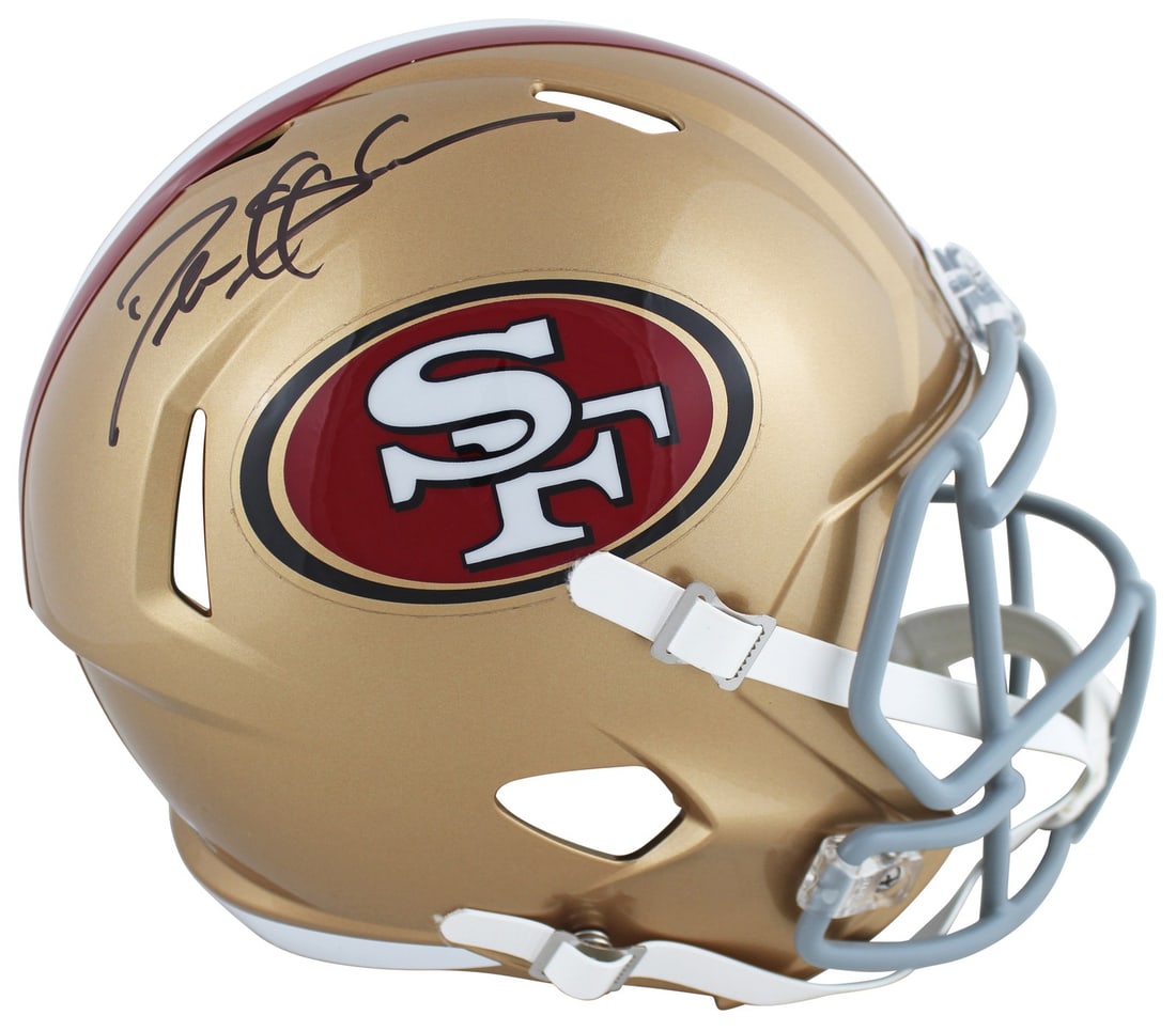 Deion Sanders Signed 49ers Full Size Speed Replica Helmet Beckett Authenticated: Deion Sanders Signed 49ers Full Size Speed Replica Helmet Beckett Authenticated This authentic full-size Speed replica helmet is personally signed by Deion Sanders, the legendary player from the San