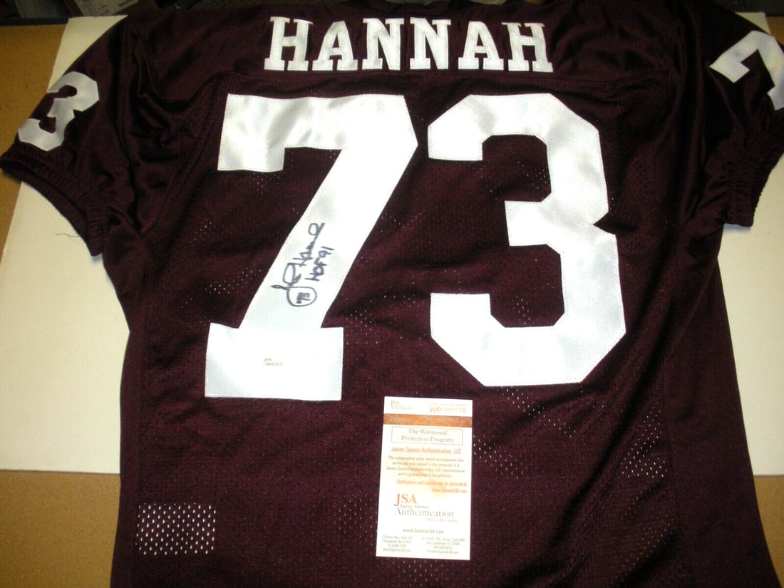 John Hannah Signed Alabama Crimson Tide Nike Jersey JSA COA: John Hannah Signed Alabama Crimson Tide Nike Jersey JSA COA Show your team pride with this officially licensed Alabama Crimson Tide jersey, signed by John Hannah. This pre-owned jersey is perfect for
