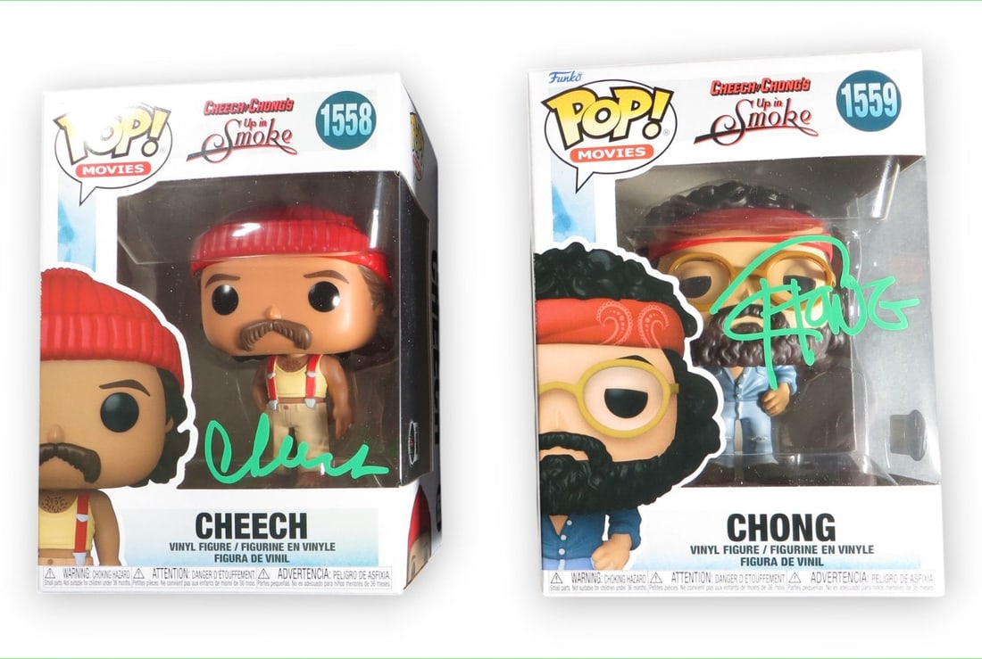 Cheech Marin Tommy Chong Signed Funko POP! Up in Smoke Set Beckett Authenticated: Cheech Marin Tommy Chong Signed Funko POP! Up in Smoke Set Beckett Authenticated This unique set features autographed Funko POP! figurines of Cheech Marin and Tommy Chong, renowned for their iconic