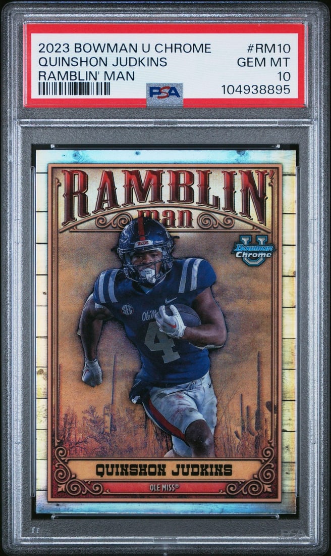 2023 Bowman U Chrome Quinshon Judkins RC Football Card PSA 10: 2023 Bowman U Chrome Quinshon Judkins RC Football Card PSA 10 This is a 2023 Bowman U Chrome Quinshon Judkins #RM10 rookie football card, graded a perfect PSA 10 by Professional Sports Authenticator
