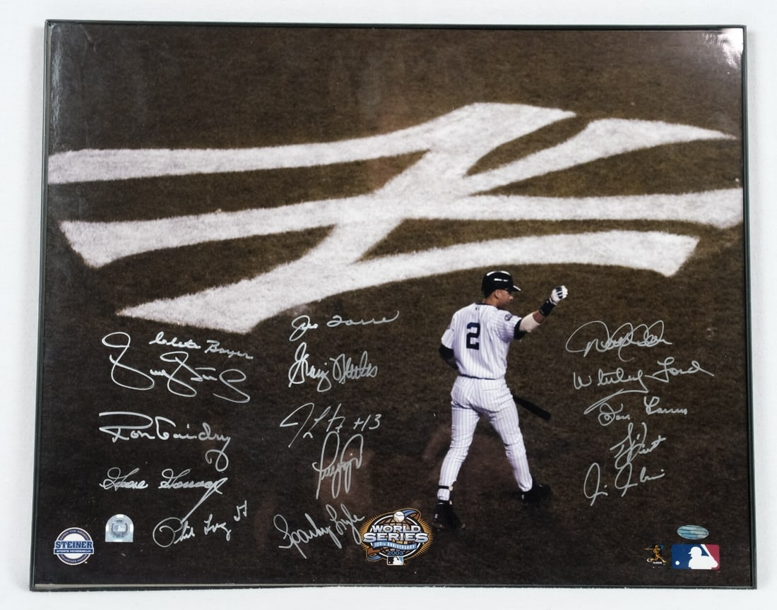 Derek Jeter Signed 16x20 Yankees Legends Photo Steiner Certified: Derek Jeter Signed 16x20 Yankees Legends Photo Steiner Certified Celebrate the legacy of the New York Yankees with this remarkable 16x20 autographed photo featuring 17 legendary former players, includ