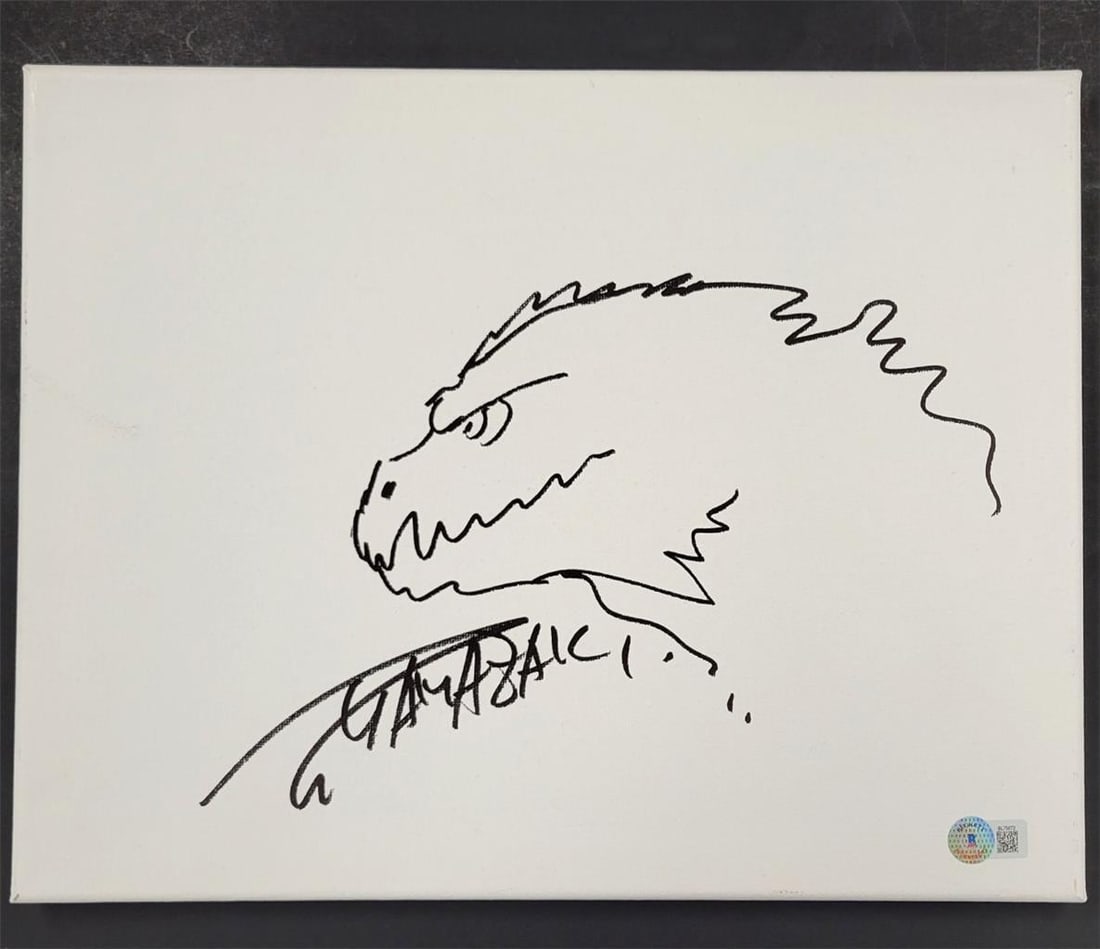 Takashi Yamazaki Signed Godzilla 11x14 Canvas Sketch Beckett Authenticated: Takashi Yamazaki Signed Godzilla 11x14 Canvas Sketch Beckett Authenticated This striking 11x14 canvas sketch features a captivating design inspired by the iconic film 'Godzilla Minus One'.