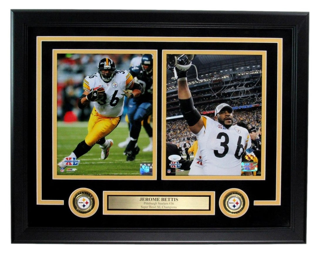 Jerome Bettis Steelers HOF Autographed Framed Photo Collage JSA 199970: Jerome Bettis Steelers HOF Autographed Framed Photo Collage JSA 199970 This stunning framed collage features an autographed 8x10 photo of Jerome Bettis, renowned Hall of Famer and Pittsburgh Steelers