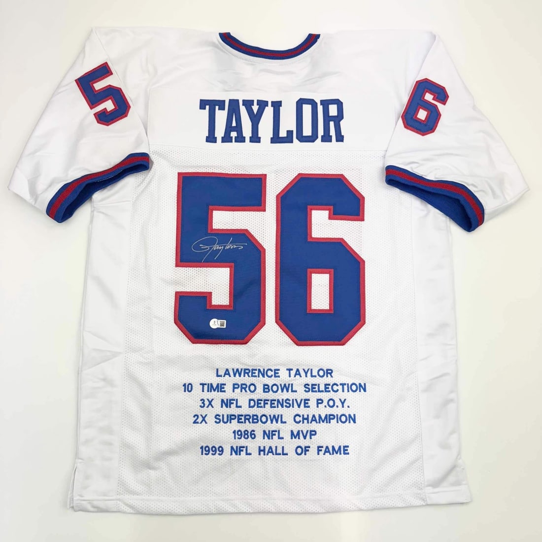 Lawrence Taylor Autographed New York Giants White Jersey JSA COA: Lawrence Taylor Autographed New York Giants White Jersey JSA COA Celebrate the legacy of Lawrence Taylor with this autographed New York Giants white stat football jersey. The jersey features Taylor's