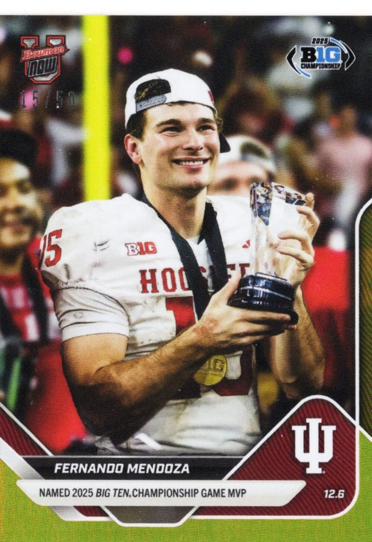 Fernando Mendoza 2025 Gold Foil Rookie Card Bowman U Now #58 Serial Numbered /50: Fernando Mendoza 2025 Gold Foil Rookie Card Bowman U Now #58 Serial Numbered /50 This is a 2025 Topps Bowman U Now Fernando Mendoza #58 Gold Foil rookie football card, featuring Fernando Mendoza of th