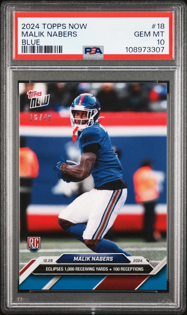2024 Topps Now Malik Nabers #18 Blue /49 Rookie Football Card PSA 10: 2024 Topps Now Malik Nabers #18 Blue /49 Rookie Football Card PSA 10 This is a graded 2024 Topps Now Malik Nabers #18 Blue /49 Rookie RC Football Card, featuring an impressive PSA 10 grade. The card i